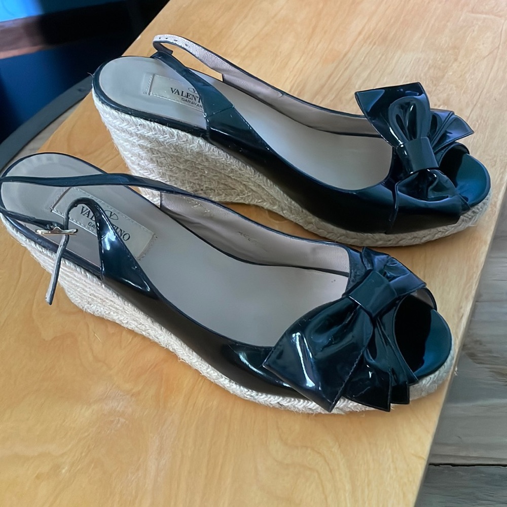 Valentino patent black espadrille wedge